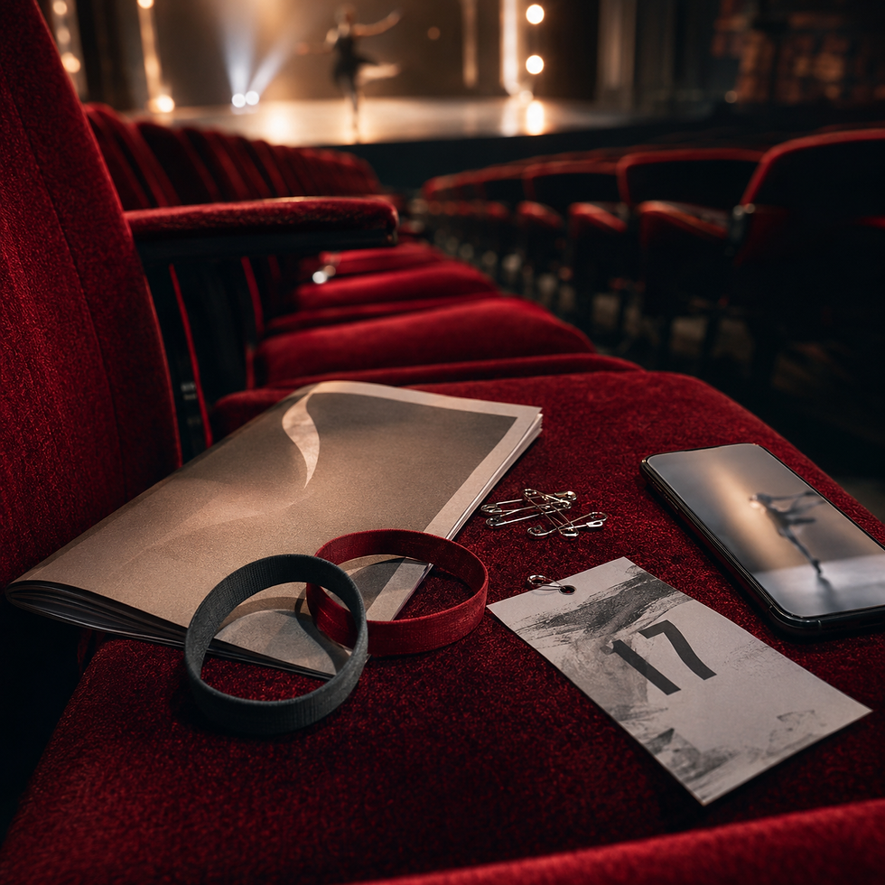 Dance competition program, wristbands, entry number, safety pins, and phone resting on a theater seat facing the stage.