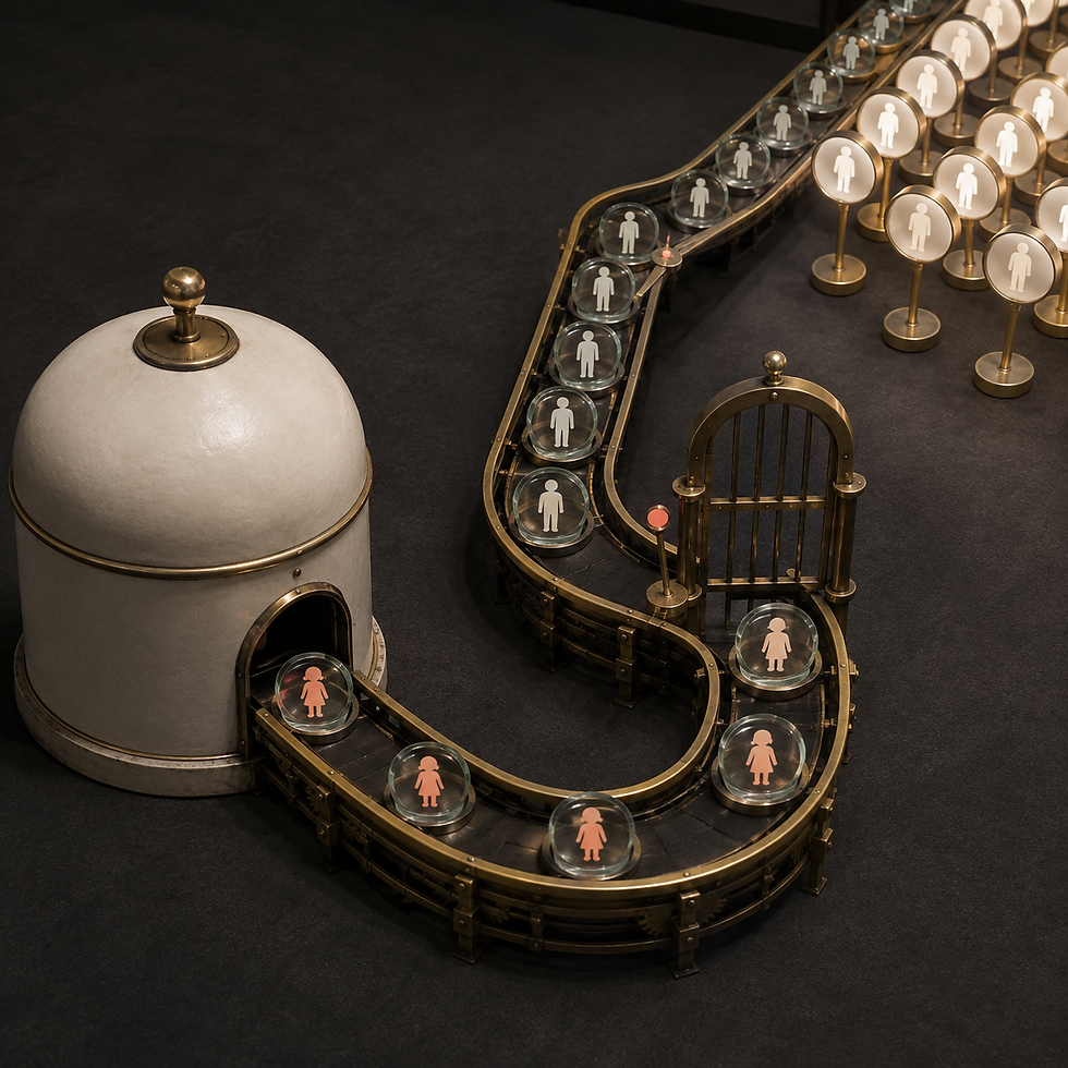 A brass and glass kinetic sculpture diverts child identity tokens into a sealed privacy vault before an advertising system.