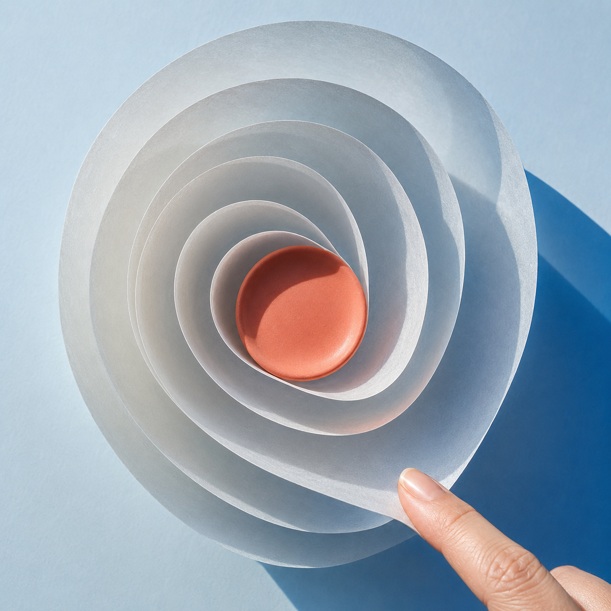 Ordered translucent layers create a clear, deliberate path toward a vivid coral center.