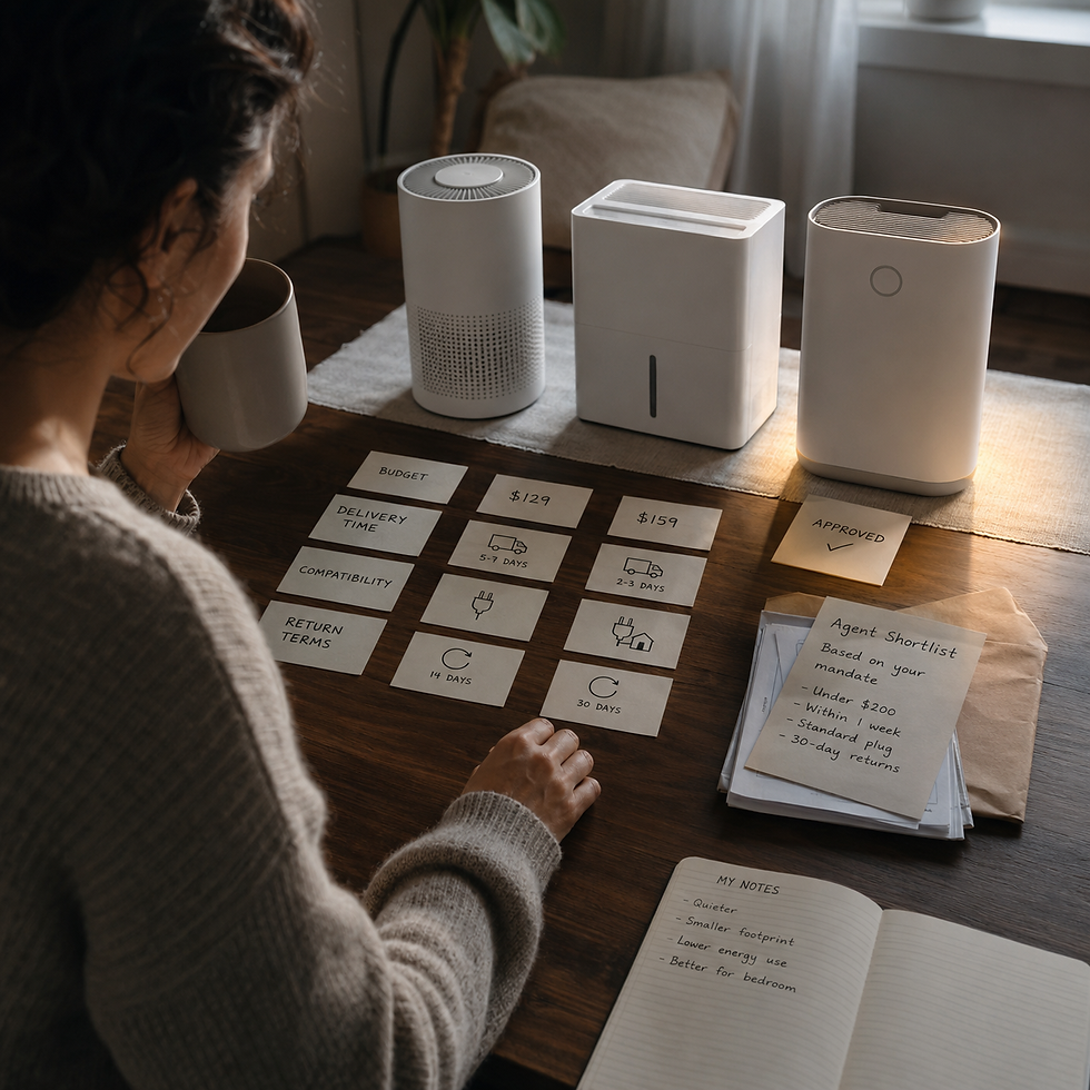 A customer evaluates three agent-selected household products against budget, delivery, compatibility, and return constraints.