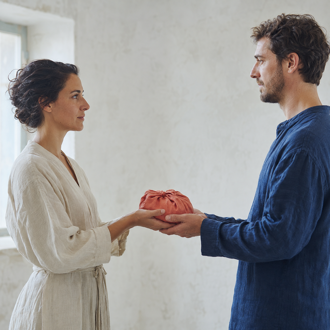 Two people pause during a deliberate handoff, sharing the weight of an unbranded cloth-wrapped object.