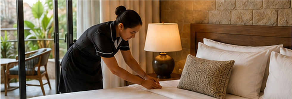 Boutique hotel staff member carefully preparing a guest room before arrival.