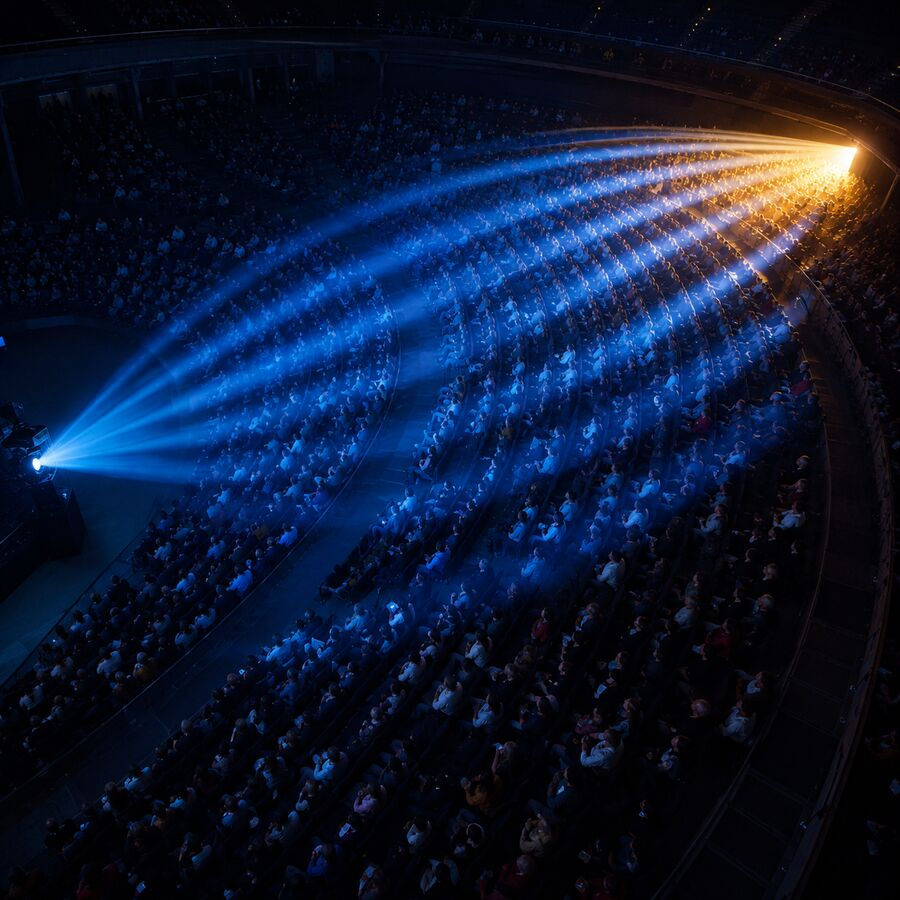 An audience receives very different levels of repeated advertising exposure, from one light pulse to an oversaturated cluster.