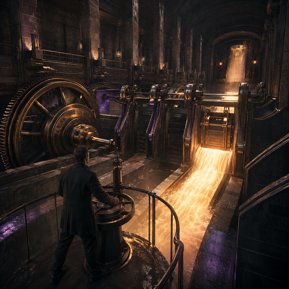 A human operator governs a powerful mechanical current through carefully controlled gates.