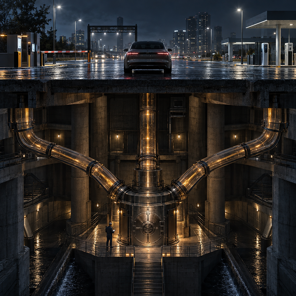 A cutaway beneath a roadway reveals the secure infrastructure coordinating parking, charging, fuel and toll transactions.