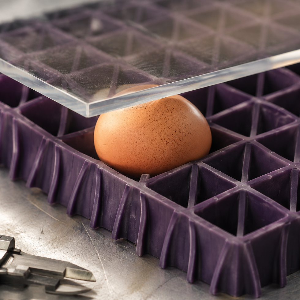 An intact brown egg rests inside a compressed purple elastomer grid beneath a clear acrylic sheet during a pressure-distribution demonstration.