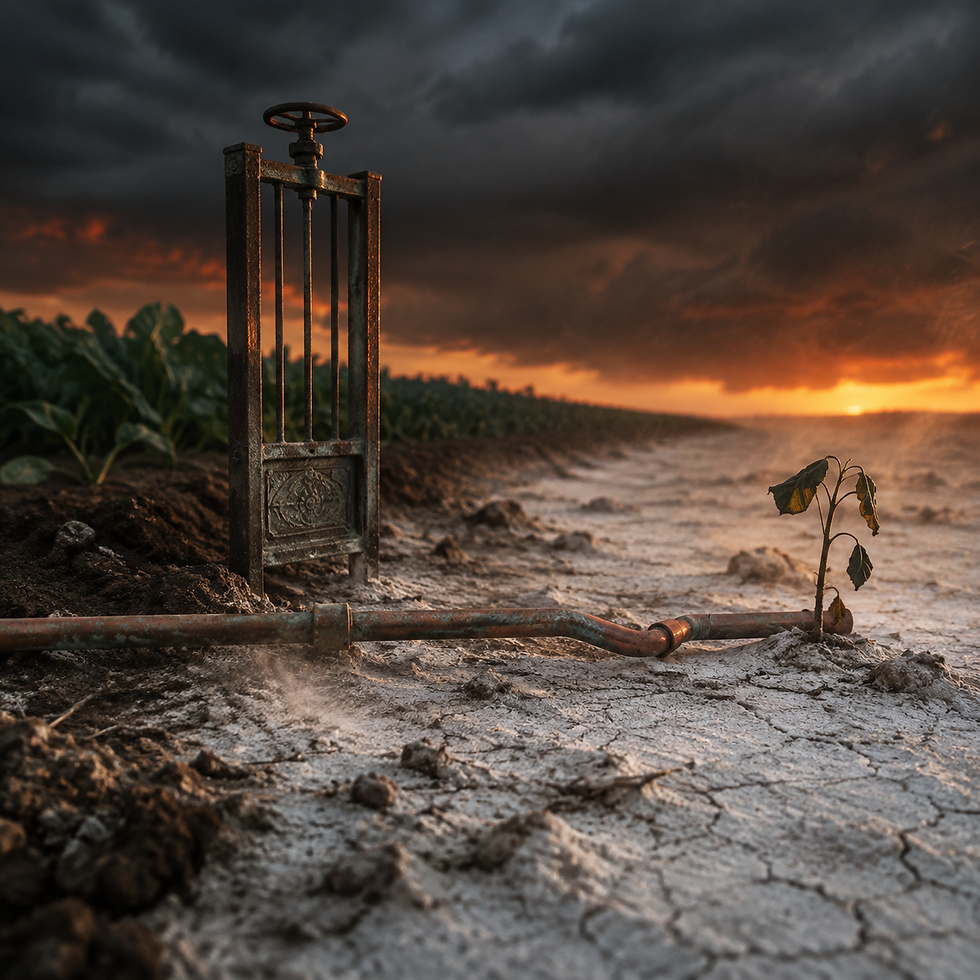 A bronze irrigation gate feeds one fragile plant beyond a productive field, revealing the cost of expansion at the edge.