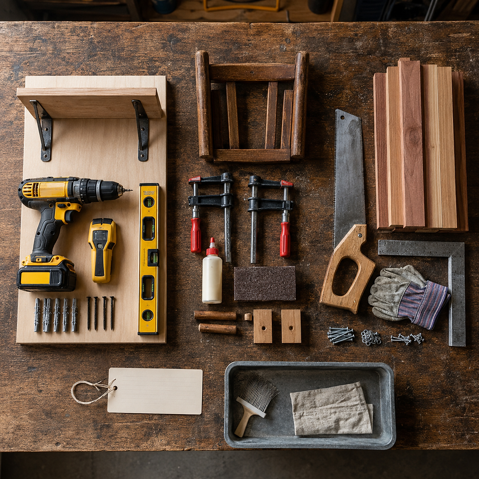 Three complete tool-library project kits are arranged for hanging a shelf, repairing a chair, and building a planter.