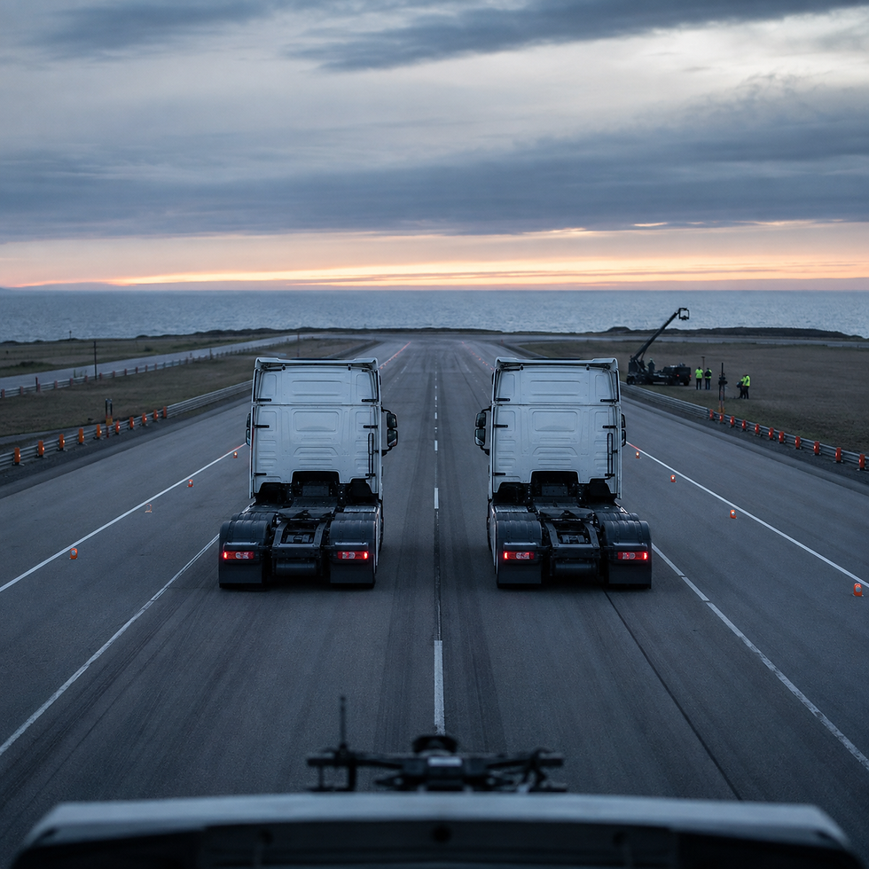 Two unbranded semi-trucks reverse in precise parallel during a controlled product-demonstration rehearsal at a coastal proving ground.