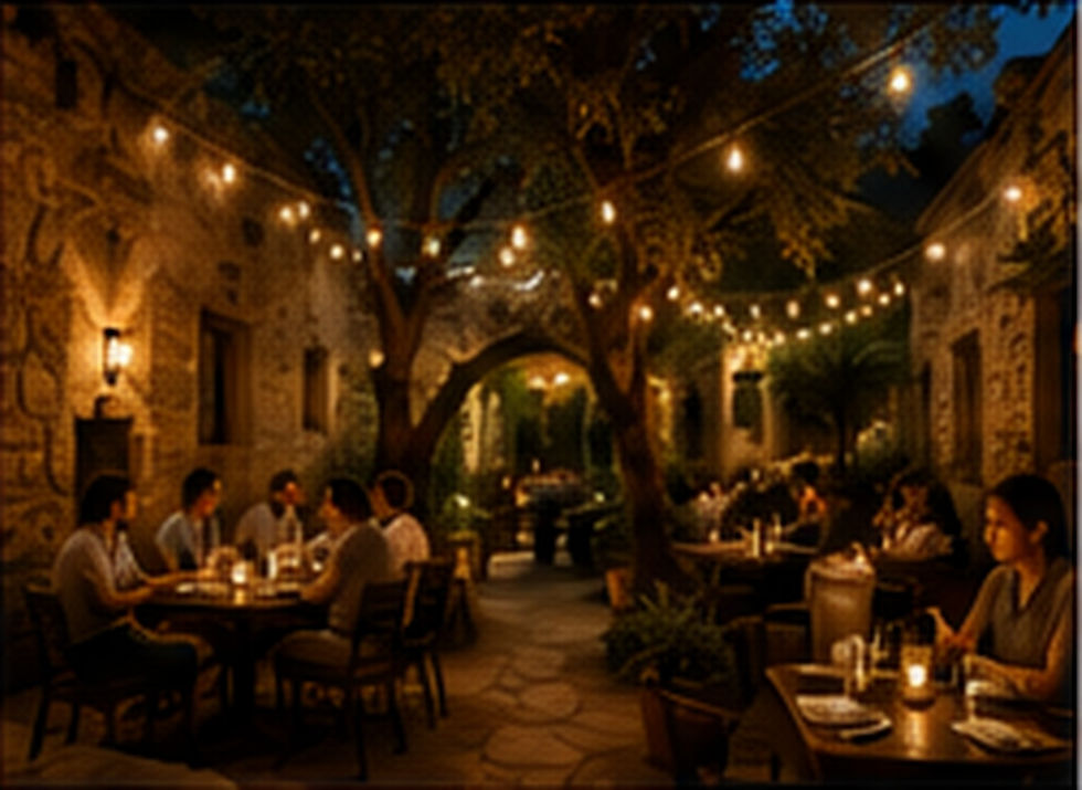Guests dining in a warmly lit boutique hotel courtyard during the evening.