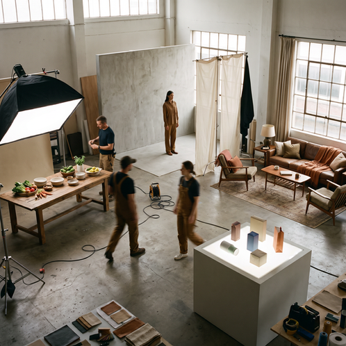 A fragmented advertising production studio with multiple mismatched campaign sets, illustrating the risk of inconsistent brand memory.