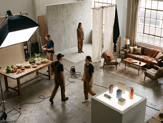 A fragmented advertising production studio with multiple mismatched campaign sets, illustrating the risk of inconsistent brand memory.