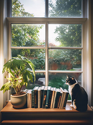 Tuxedo Cat Sitting on Bookshelf