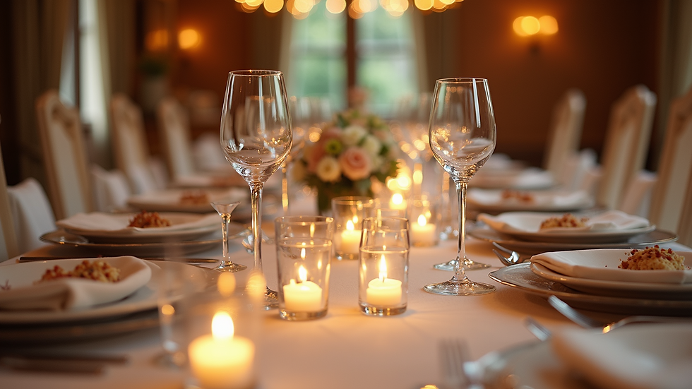 Eye-level view of a beautifully set wedding reception table