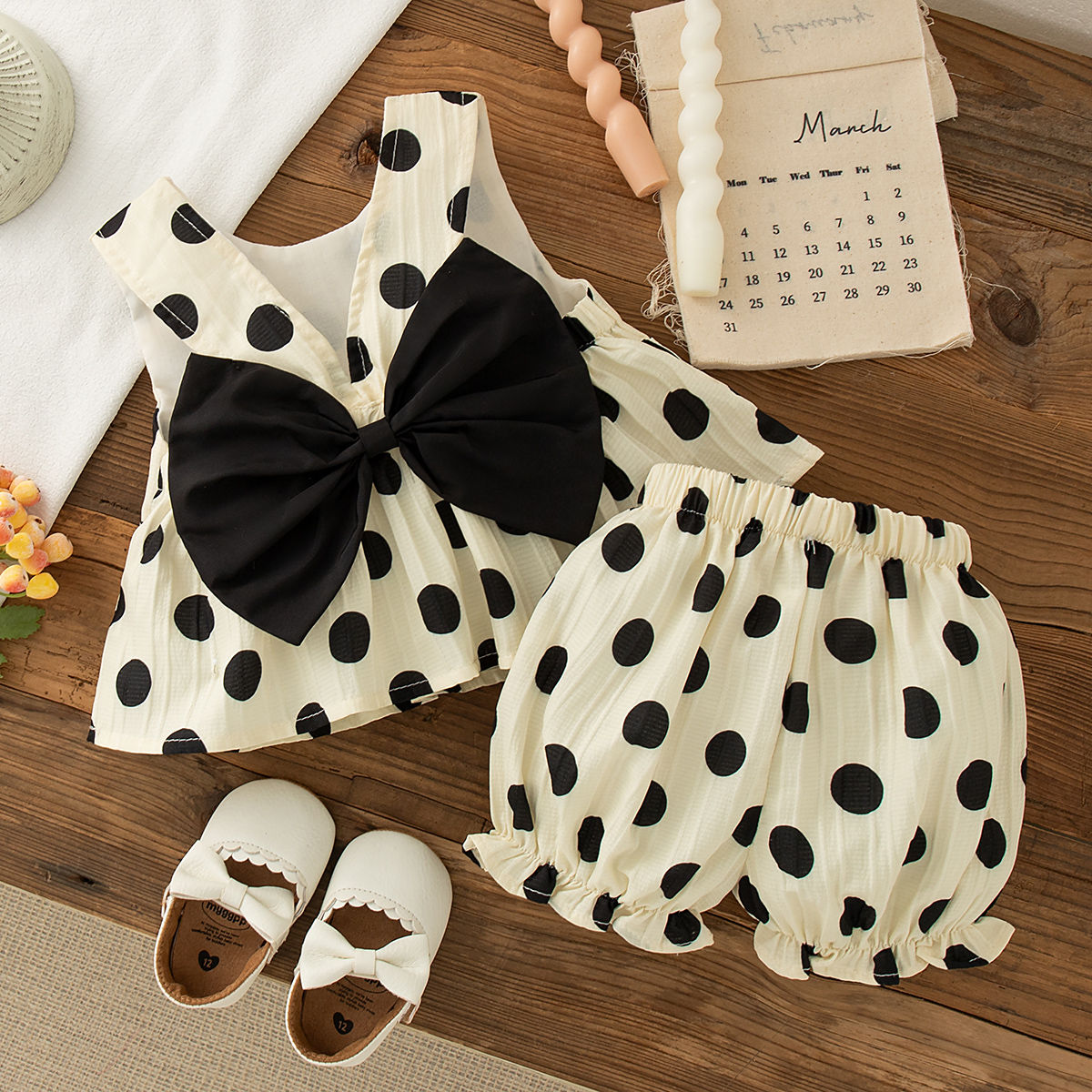 Toddler Girls 2 Piece Set Korean Style Polka Dot Bow Sleeveless Top & Shorts New