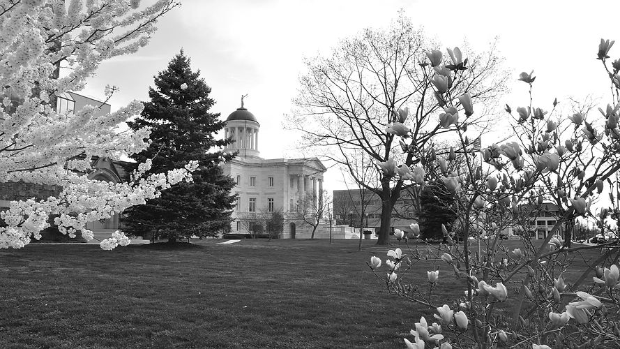 Historic Somerset County Court House framed by blooming trees on a sunny day.