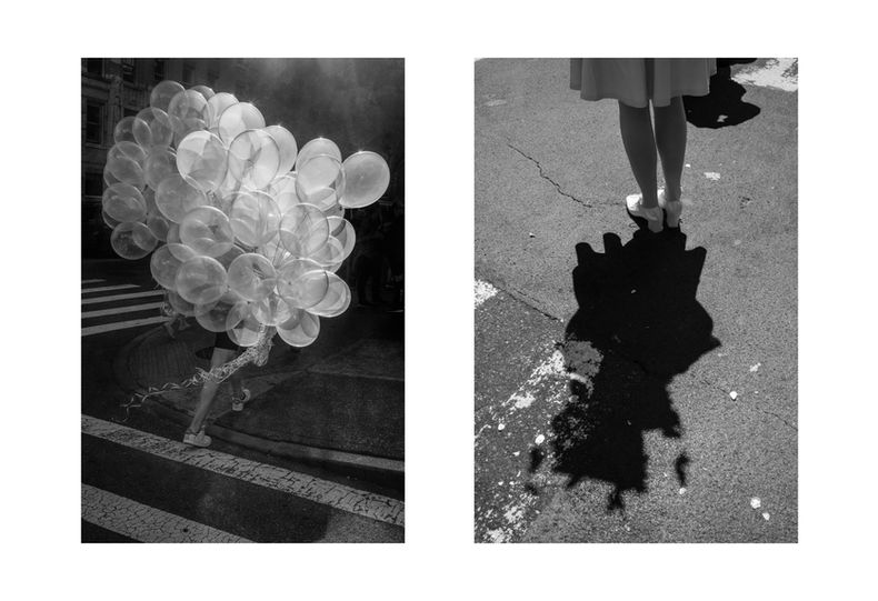 diptych, street photography, conceptual street photography, abstract, abstraction, women with heels standing, black and white, b/w, urban angel, balloons,