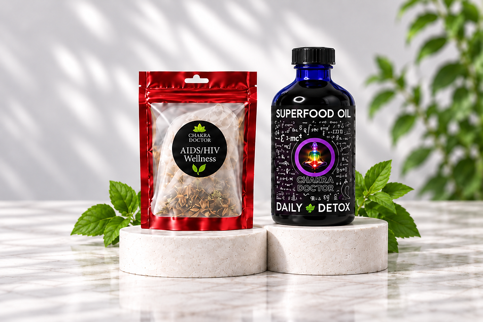 Red AIDS/HIV Wellness tea pouch beside a cobalt-blue Chakra Doctor Superfood Oil bottle on white stone platforms.