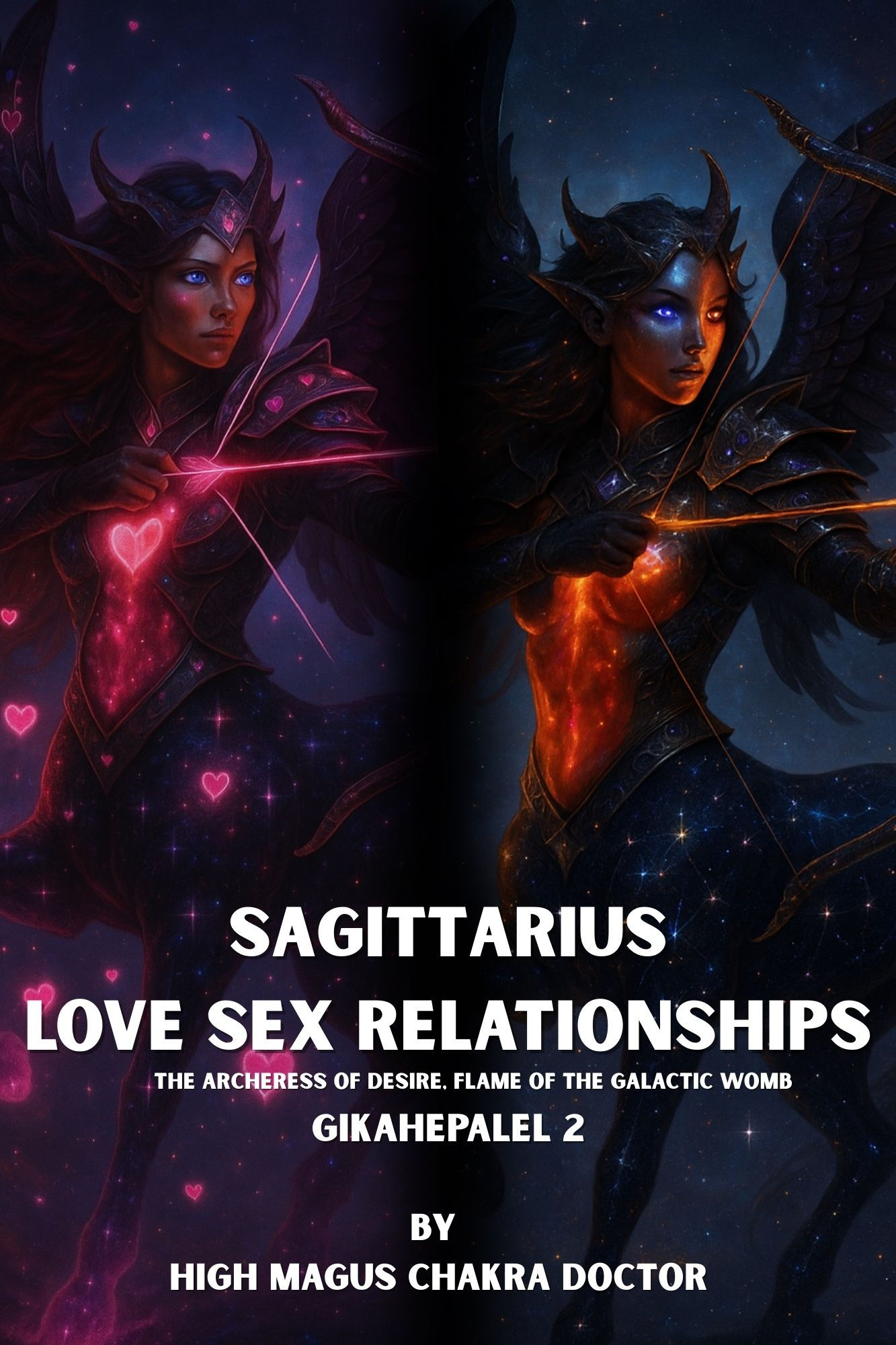 Centaur archer goddess with glowing bow and heart light, representing desire, truth, and expansive love.