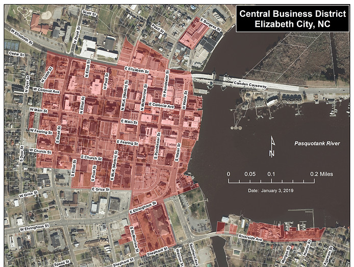 Map of Elizabeth City, NC with Central Business District highlighted in red