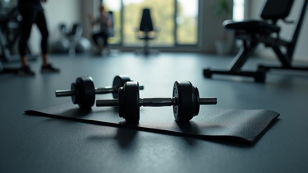 High angle view of exercise mat and dumbbells