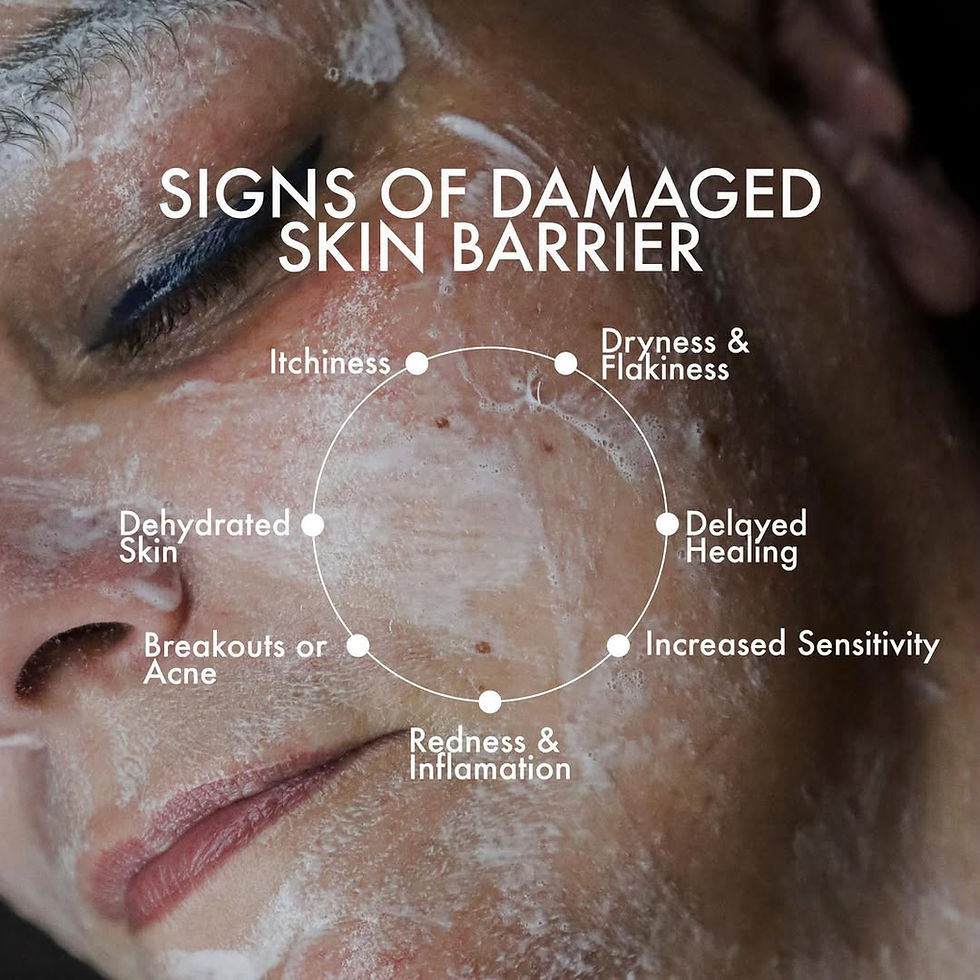Close-up of a person's face with white cream. Text outlines signs of a damaged skin barrier: itchiness, dryness, sensitivity, and more.