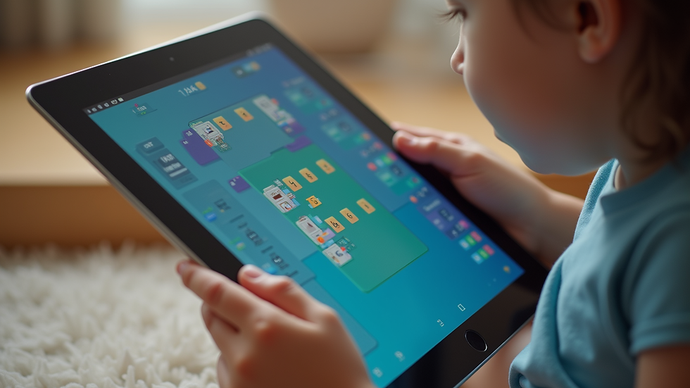 Close-up view of a tablet showing an interactive coding game for kids