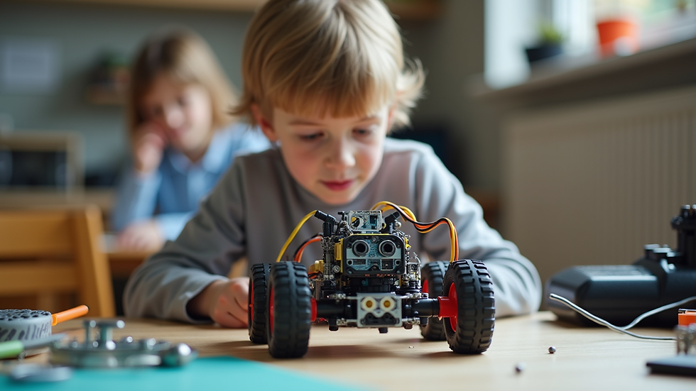 Close-up view of a young camper assembling a robot during a STEM activity