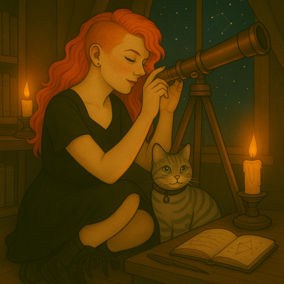 An AI generated image of Signa looking through an antique telescope.