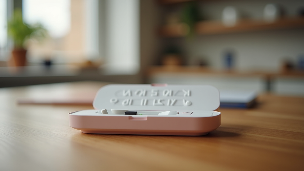 Close-up view of a discreet at-home STD testing kit on a wooden table