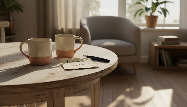 Eye-level view of two mugs and a handwritten note about health boundaries on a kitchen table.