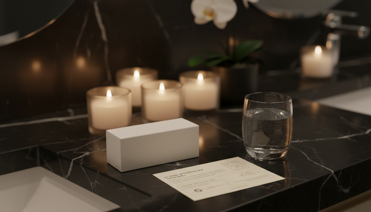 Close-up view of a discreet at-home STI testing kit on a dark stone bathroom counter