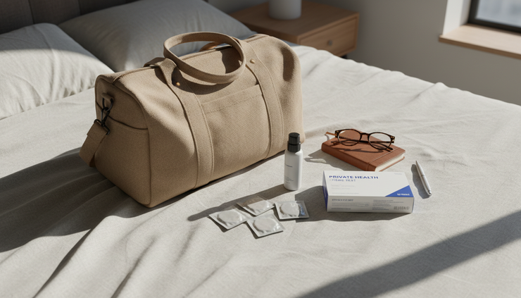 Overhead view of a small travel bag with condoms, lubricant, and a sealed test kit nearby.