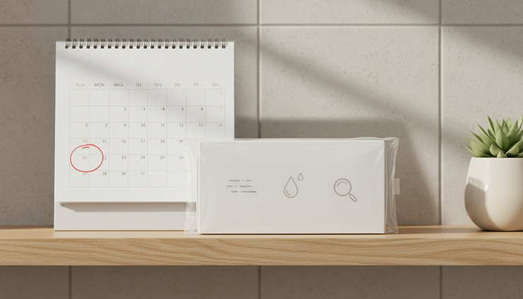 Close-up view of a home STI test kit beside a small calendar.