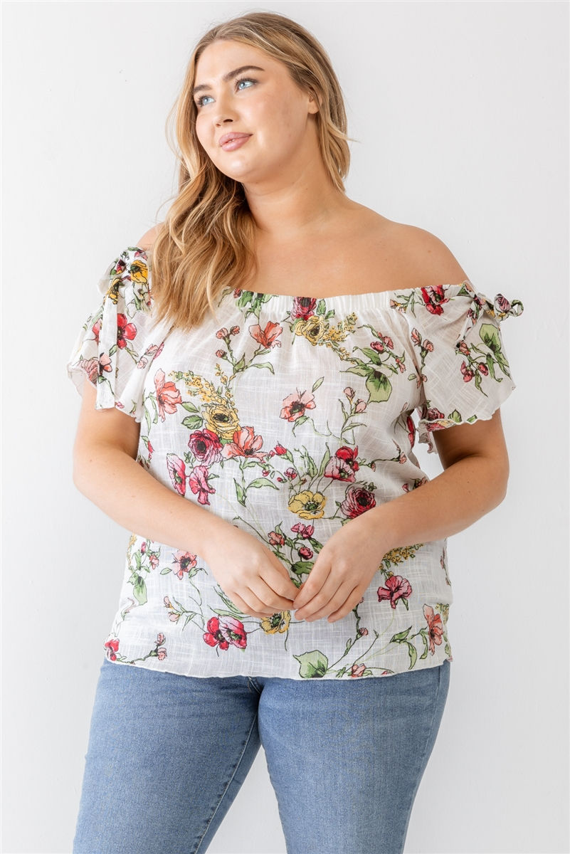 Thumbnail: Plus Ivory Floral Print Woven Linen Blend Off-the-shoulder Relax Top