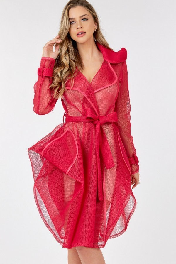 Thumbnail: Side Tacking Waist Tie Mesh Coat