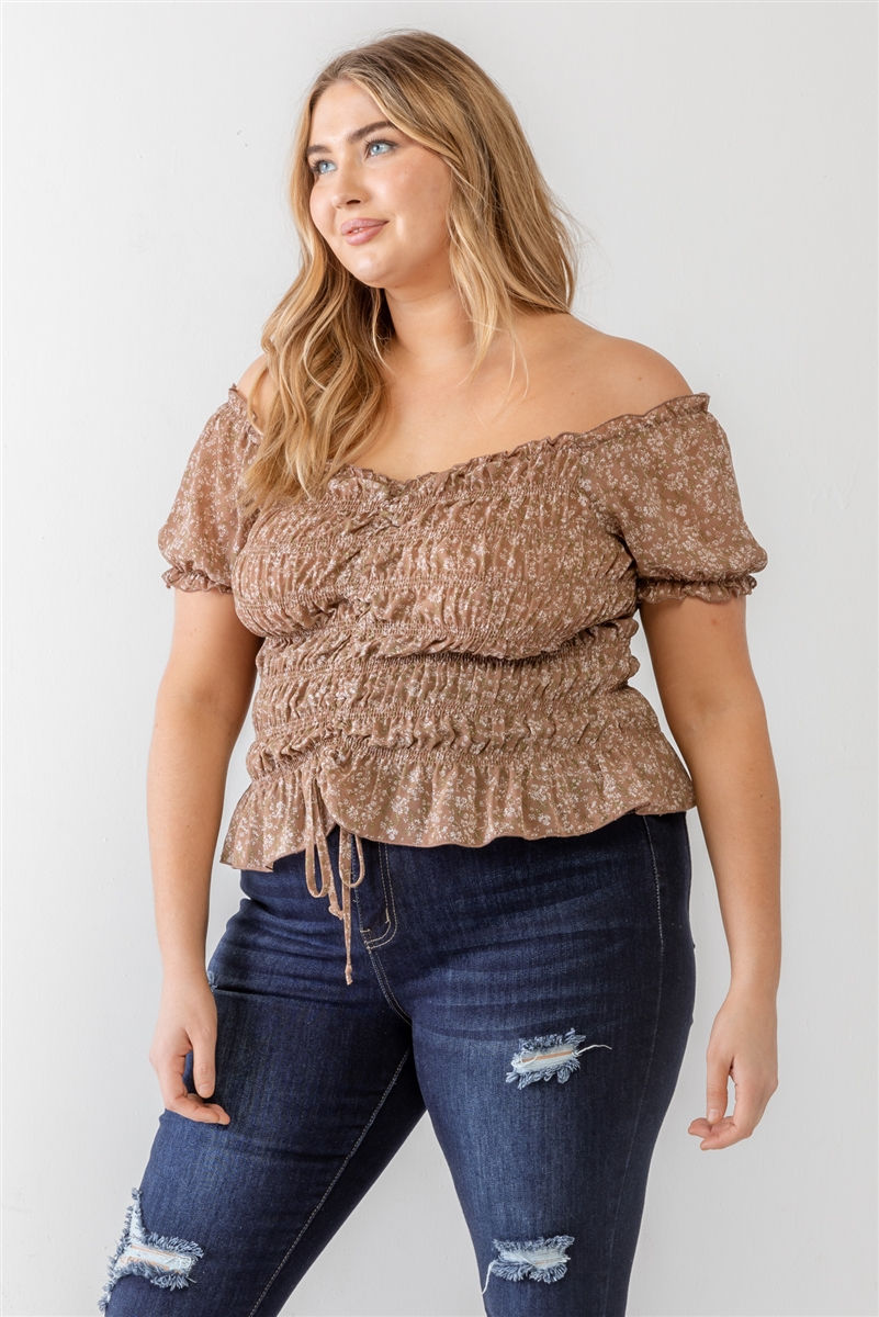 Thumbnail: Plus Floral Chiffon Ruched Smocked Off-the-shoulder Top