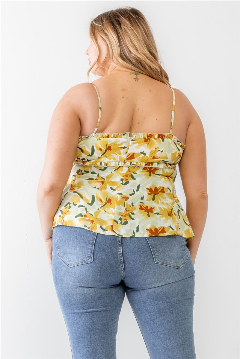 Thumbnail: Plus Floral Print Woven Ruffle Sleeveless Back Zipper Tank Top