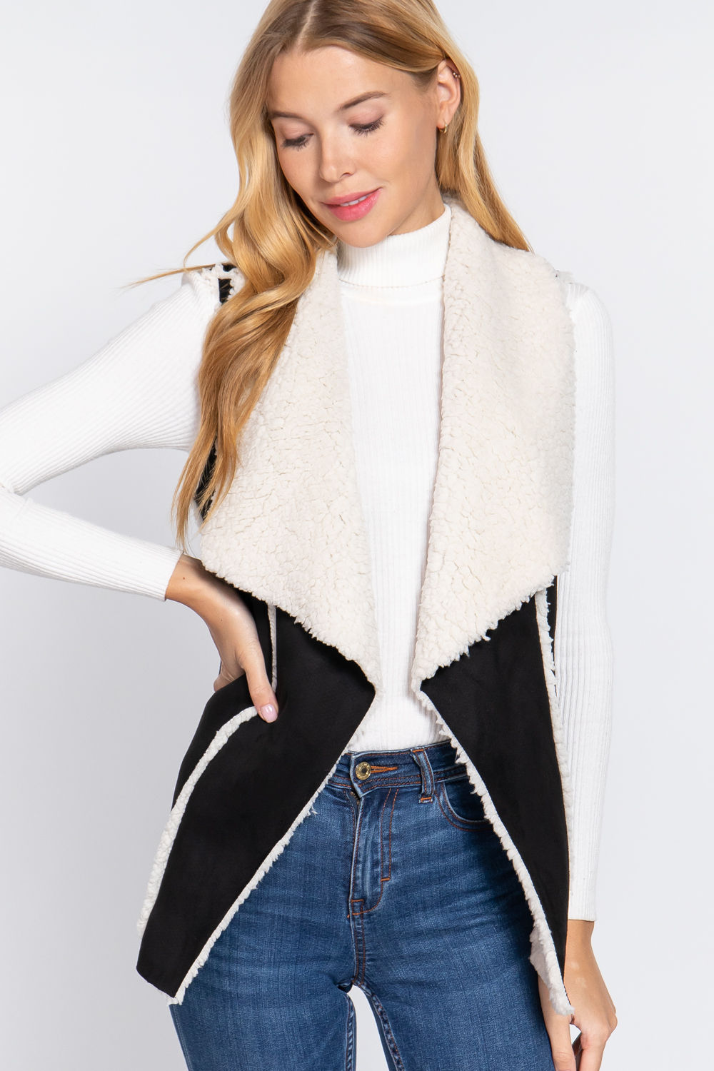 Shawl Faux Suede Fur Bonded Vest        