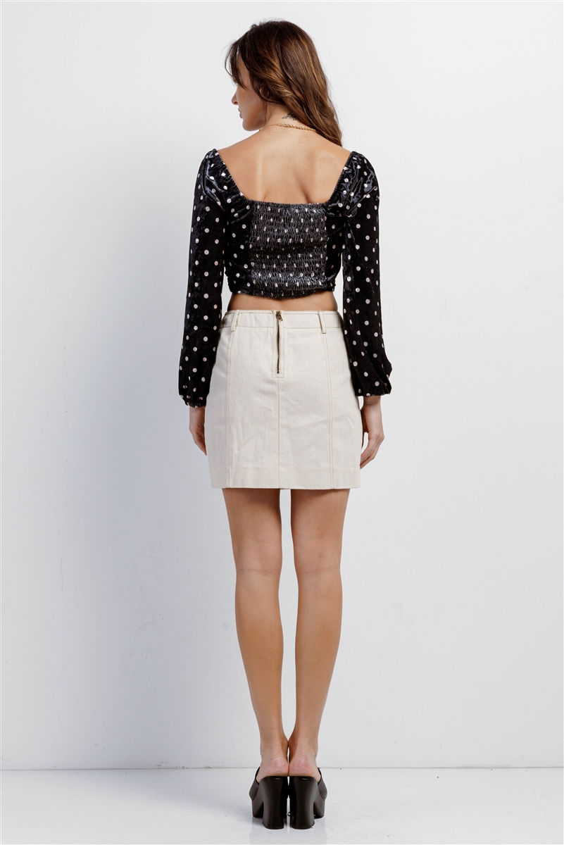 Thumbnail: Black Cream Polka Dot Velvet Ruched Crop Top