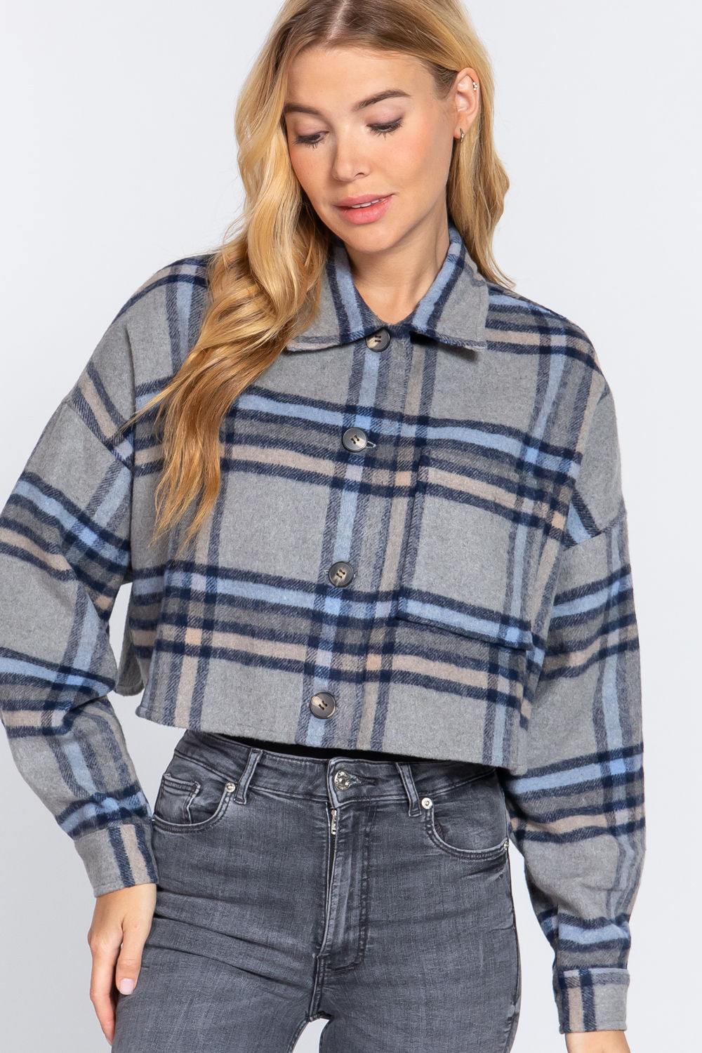 Wool Plaid Oversized Crop Jacket       
