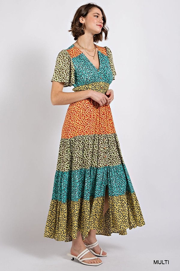 Thumbnail: Ditsy floral color block v-neck split button up maxi dress