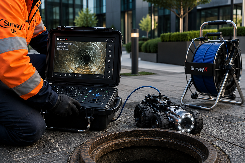 Survey X drainage inspection monitor showing CCTV footage inside a pipe