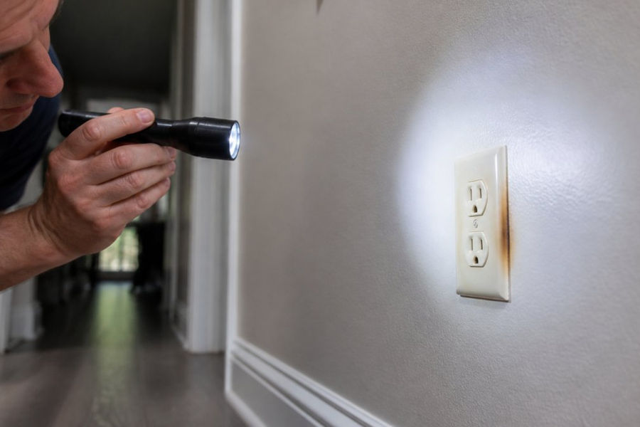 Close-up of a homeowner's hand holding a flashlight near a wall outlet with slight discoloration around the faceplate, inspecting it carefully in a dim hallway