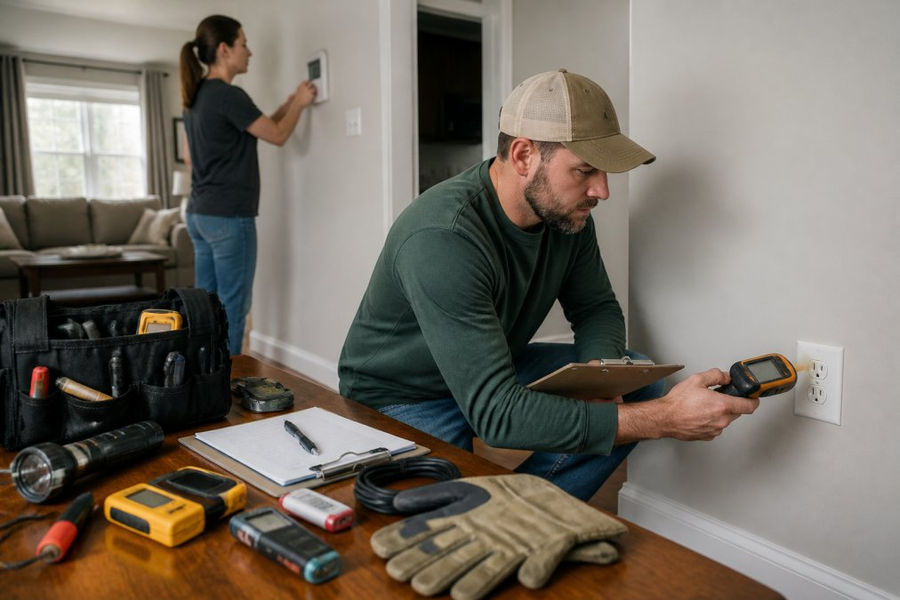 Homeowner using a thermal leak detector on an outlet to help lower their monthly electric bill in a living room
