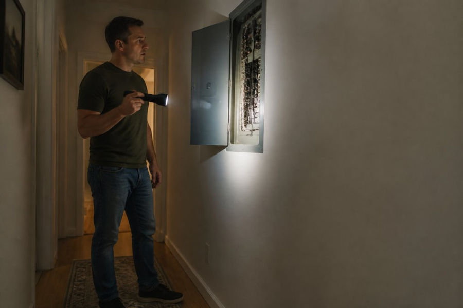 A homeowner in casual clothes standing by a wall-mounted electrical panel, pointing a flashlight at it with a concerned expression, in a dimly lit hallway. The panel door is open, and the person is wearing rubber-soled shoes