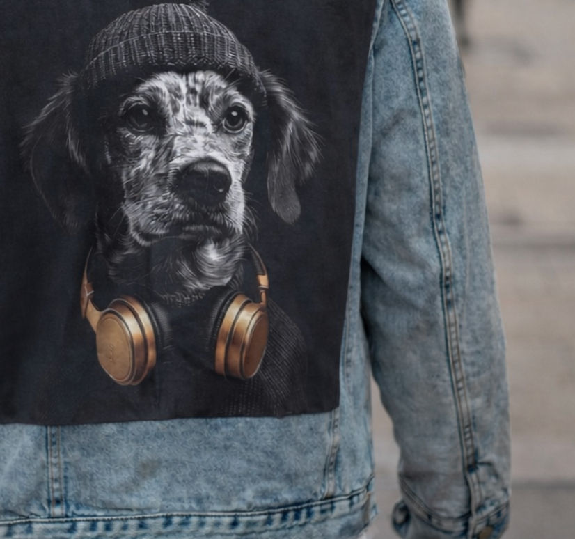 détail impression veste personnalisée avec portrait d’animal