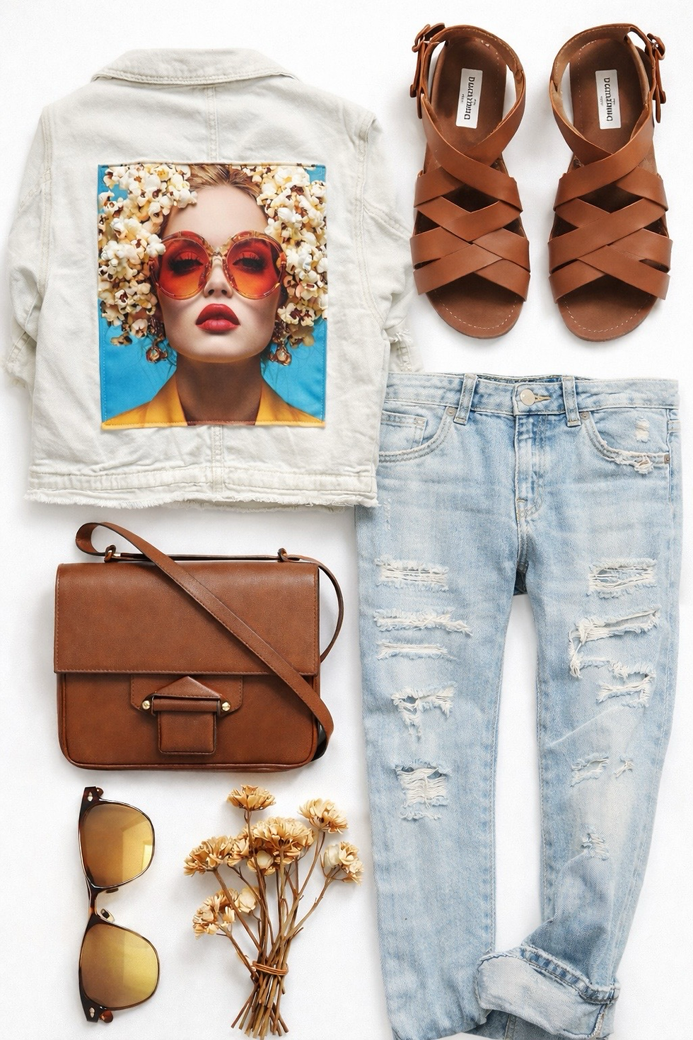 Veste en jean femme neuve customisée, visuel femme pop corn au dos, pièce artisanale en édition limitée