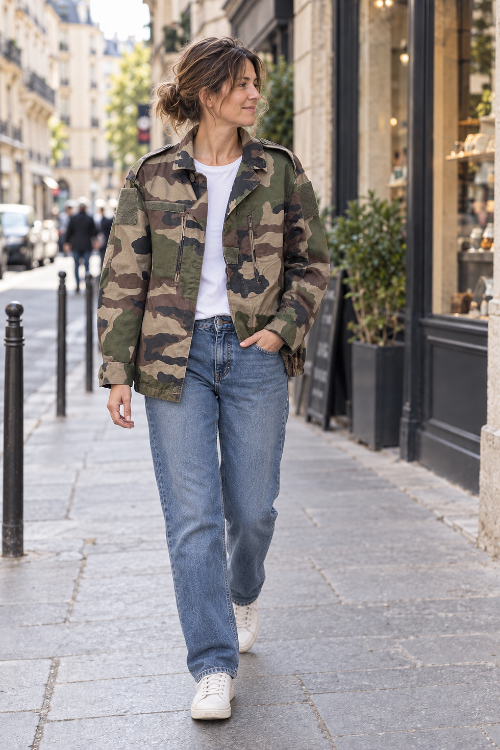 Veste camouflage à patch imprimé lion sépia, portée avec un jean brut, femme marchant sur un trottoir pavé bordé de commerces