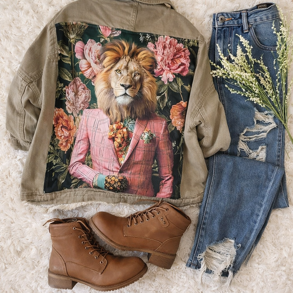 Veste en jean femme neuve customisée, visuel lion au dos, pièce artisanale en édition limitée